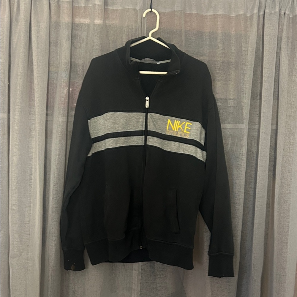 Nike Black Bomber Jacket with Gray Stripes and Yellow Logo
